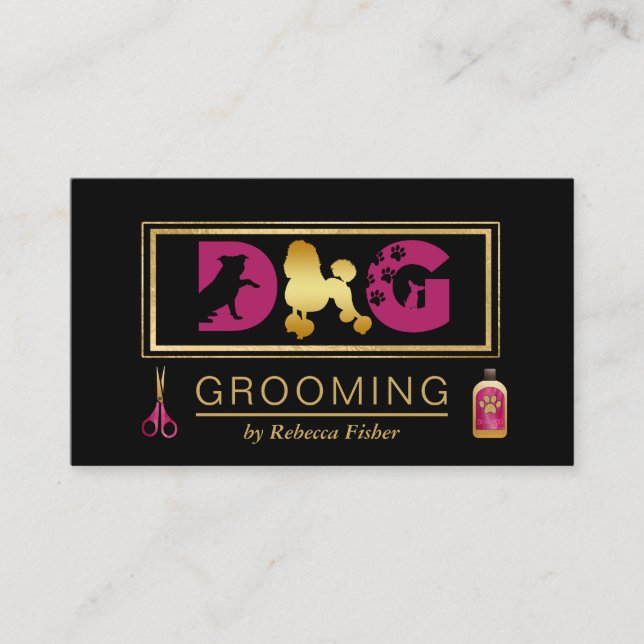 Dog Grooming Services Black Pink Business Card (Front)