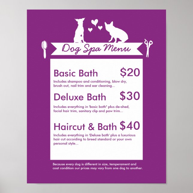 Dog Grooming Spa Menu - Personalizable Poster (Front)