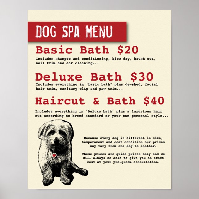 Dog Grooming Spa Menu - Personalizable Poster (Front)