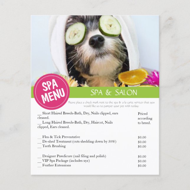 Dog Grooming Spa Services Menu (Front)
