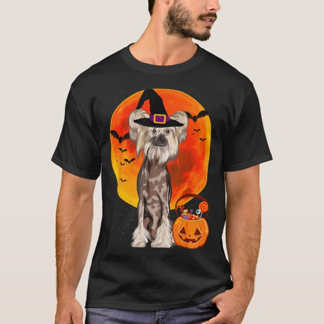 Dog Halloween Chinese Crested Jack O Lantern T-Shirt (Front)