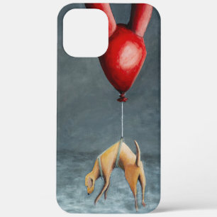 Dog hanging from a red balloon.  iPhone 12 pro max case