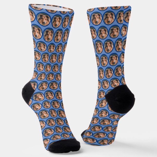 Dog Head Face Photo on Blue Socks (Angled)
