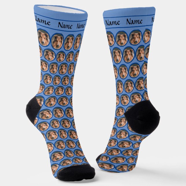 Dog Head Face Socks with Name on Blue (Angled)