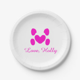 Dog heart paw pink pet add name text animal cat na paper plate