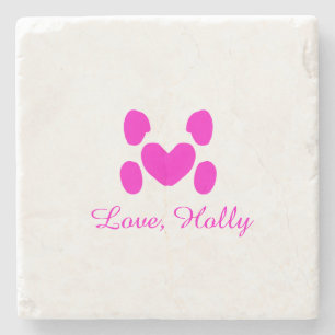 Dog heart paw pink pet add name text animal cat na stone coaster