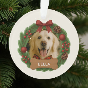Dog Holiday Christmas Photo Red Bow Name Wreath Ornament