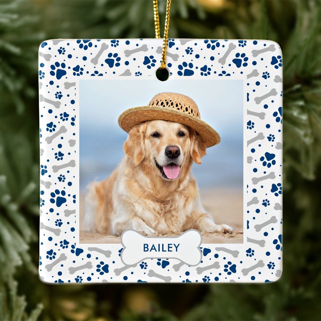 Dog Holiday Cute Paw Prints Personalised Pet Photo Ceramic Ornament (Creator Uploaded)