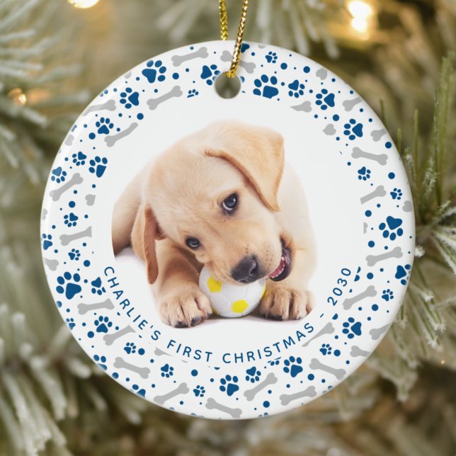 Dog Holiday Paw Prints Personalised 2 Pet Photo Ceramic Tree Decoration (Creator Uploaded)