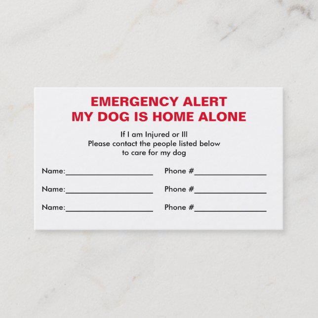 Dog Home Alone Emergency Contact Card (Front)