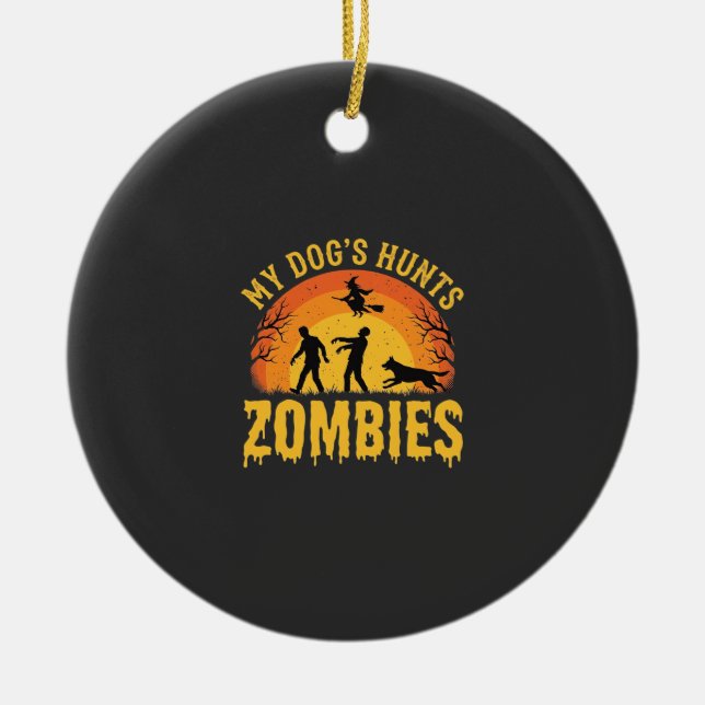 Dog Hunts Zombies Halloween Design Ceramic Tree Decoration (Front)