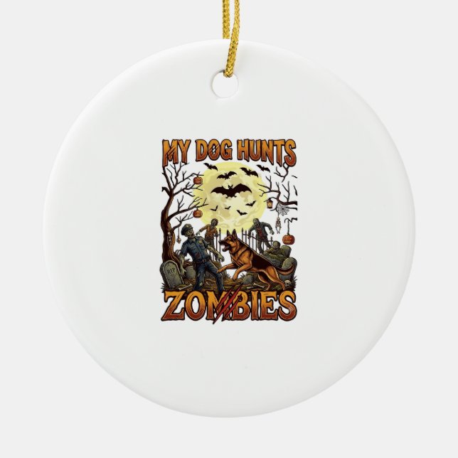 Dog Hunts Zombies Halloween German Shepherd Moon_1 Ceramic Tree Decoration (Front)