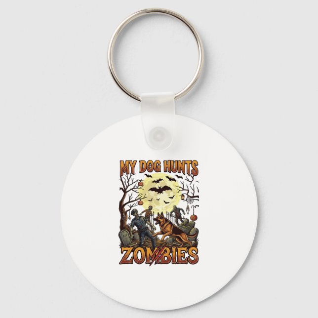 Dog Hunts Zombies Halloween German Shepherd Moon_1 Key Ring (Front)