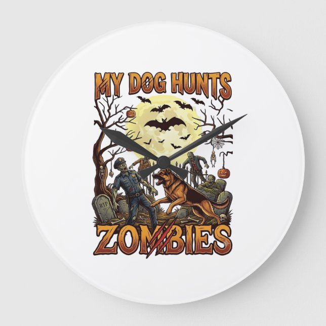 Dog Hunts Zombies Halloween German Shepherd Moon_1 Large Clock (Front)