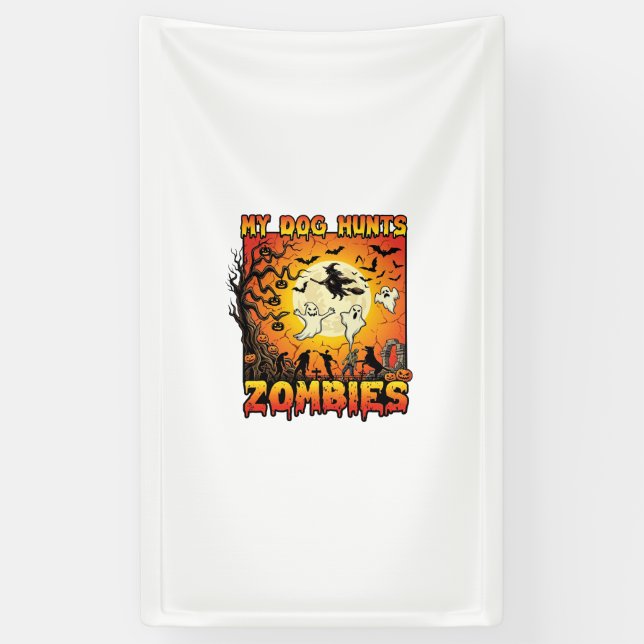 Dog Hunts Zombies Halloween Ghosts Witch Moon Banner (Vertical)