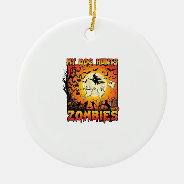 Dog Hunts Zombies Halloween Ghosts Witch Moon Ceramic Tree Decoration (Front)