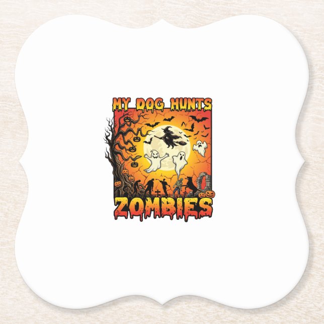 Dog Hunts Zombies Halloween Ghosts Witch Moon Paper Coaster (Front)