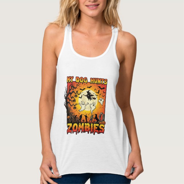 Dog Hunts Zombies Halloween Ghosts Witch Moon Singlet (Front)