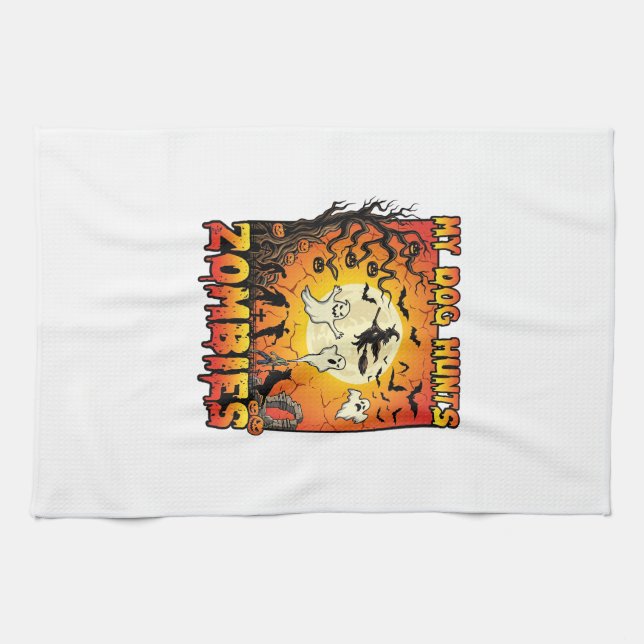 Dog Hunts Zombies Halloween Ghosts Witch Moon Tea Towel (Horizontal)