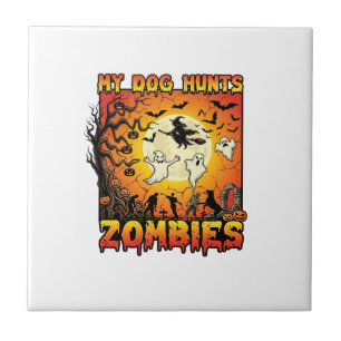 Dog Hunts Zombies Halloween Ghosts Witch Moon Tile