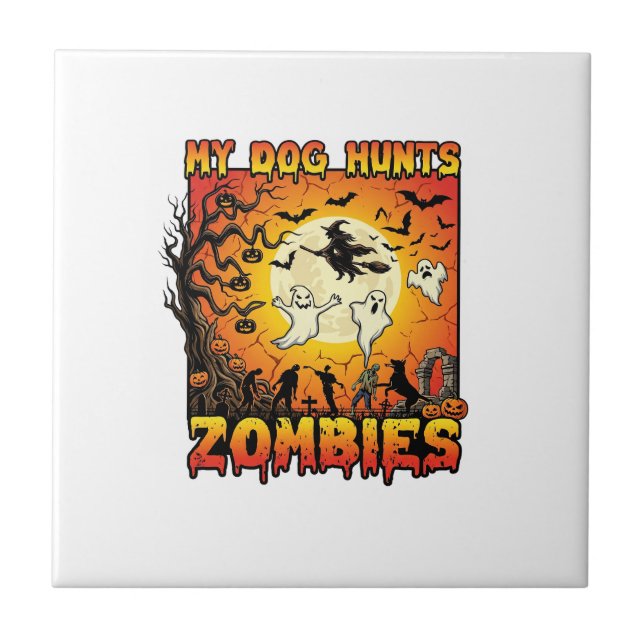Dog Hunts Zombies Halloween Ghosts Witch Moon Tile (Front)