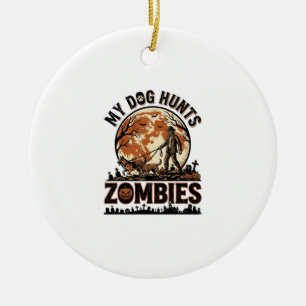 Dog Hunts Zombies Vintage Halloween Vector Design_ Ceramic Tree Decoration