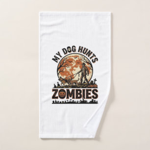 Dog Hunts Zombies Vintage Halloween Vector Design_ Hand Towel