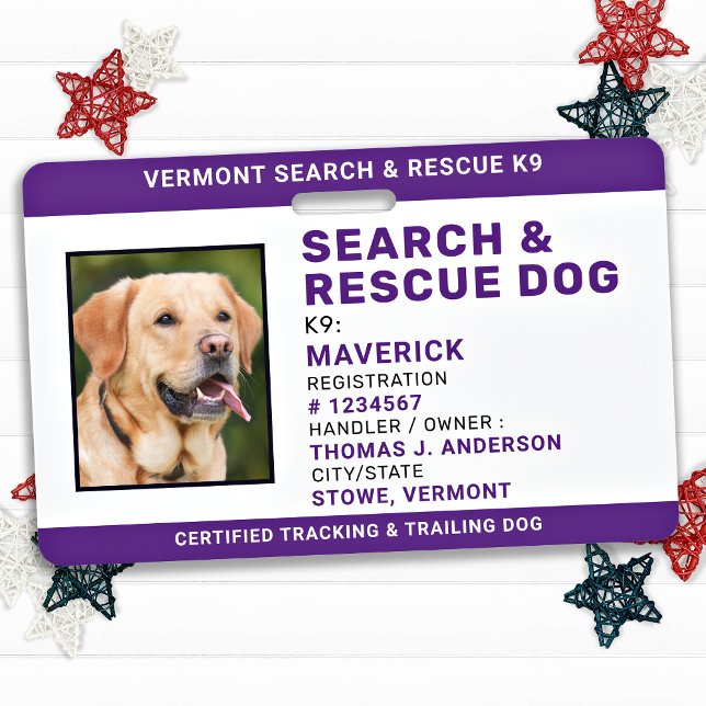 Dog ID Search Rescue Custom Logo Photo SAR K9  ID Badge (Creator Uploaded)