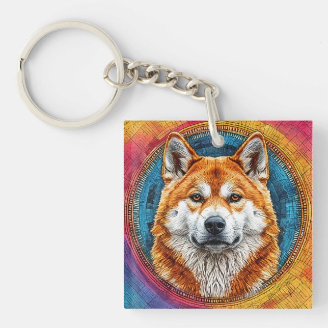 Dog in a Circular Artistic Pattern Key Ring (Front)