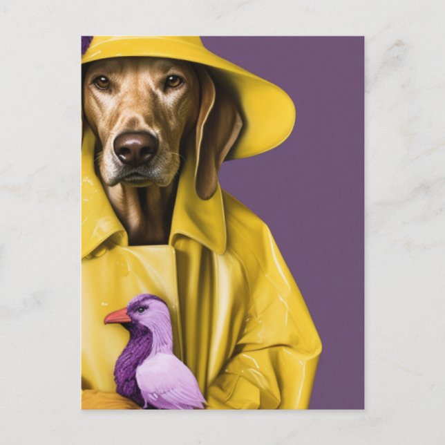Dog in a Yellow Raincoat With a Purple Bird Postcard (Front)