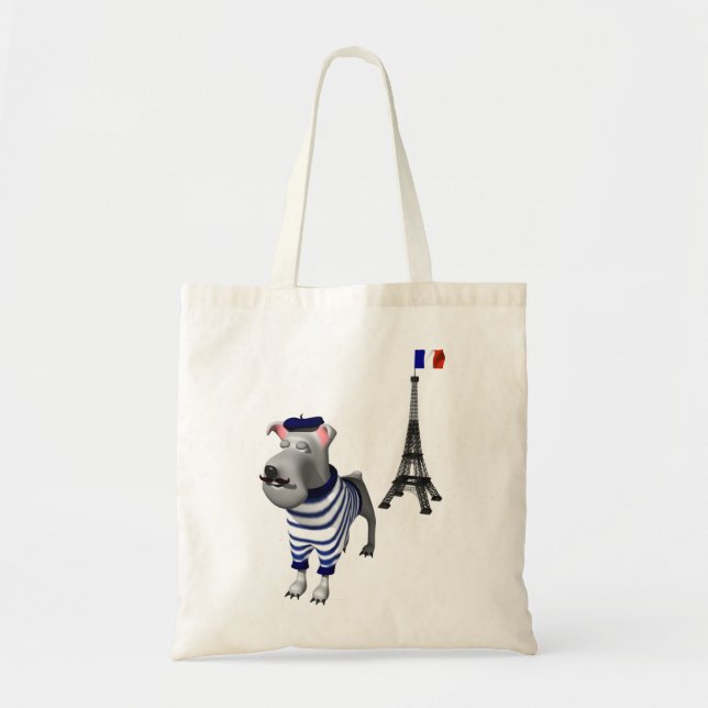 Dog in Beret in front of Eiffel Tower Tote Bag (Front)