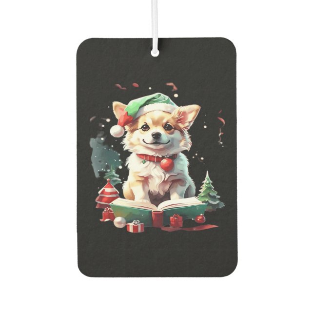 Dog in Christmas Hat with Books - A Perfect Christ Car Air Freshener (Front)