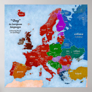 Dog in European Languages Map Poster