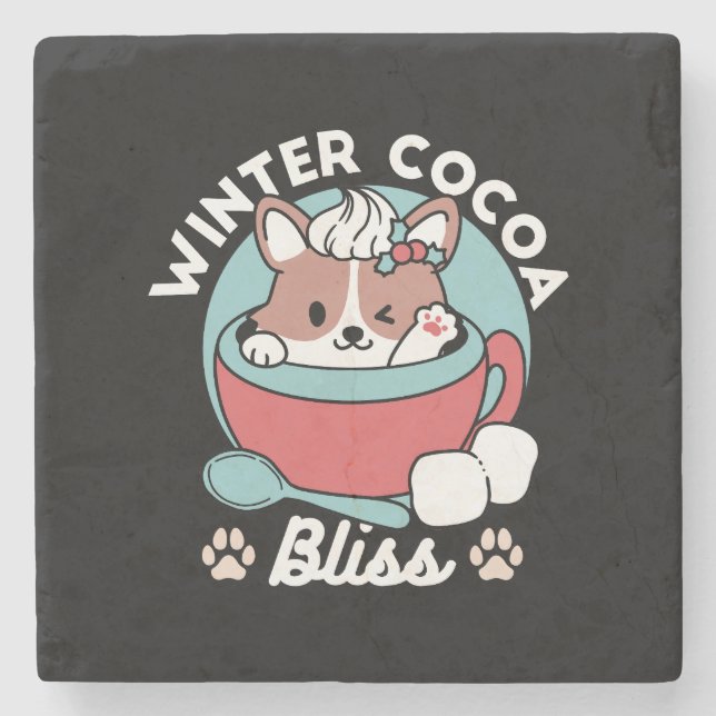 Dog in Festive Mug for Holiday Vibes - Winter Coco Stone Coaster (Front)