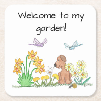 Dog in Flower Garden Square Paper Coaster