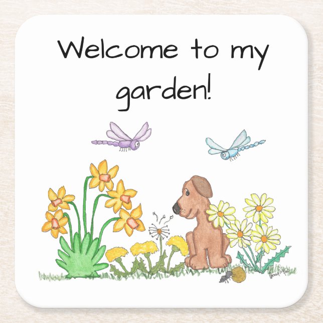 Dog in Flower Garden Square Paper Coaster (Front)
