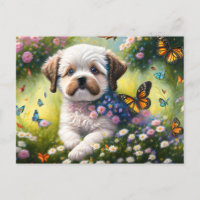 Dog in flower meadow with butterflies