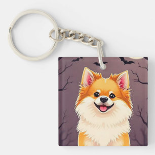 Dog in Halloween Scene with Pumpkins Key Ring