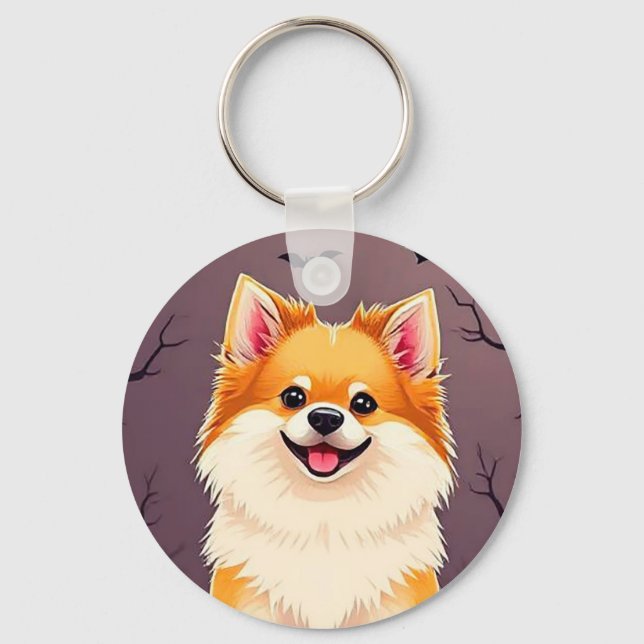 Dog in Halloween Scene with Pumpkins Key Ring (Front)