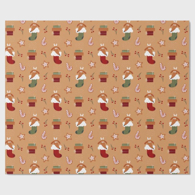 Dog in Stocking Gingerbread Pattern Wrapping Paper (Flat)