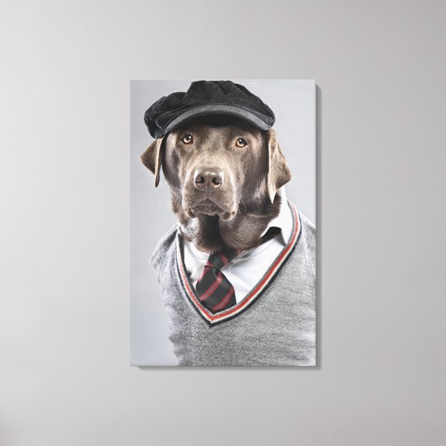 Dog in sweater and cap canvas print (Front)
