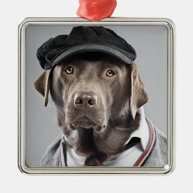 Dog in sweater and cap metal tree decoration (Front)