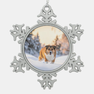 Dog in the Snow Winter Scene Snowflake Pewter Christmas Ornament