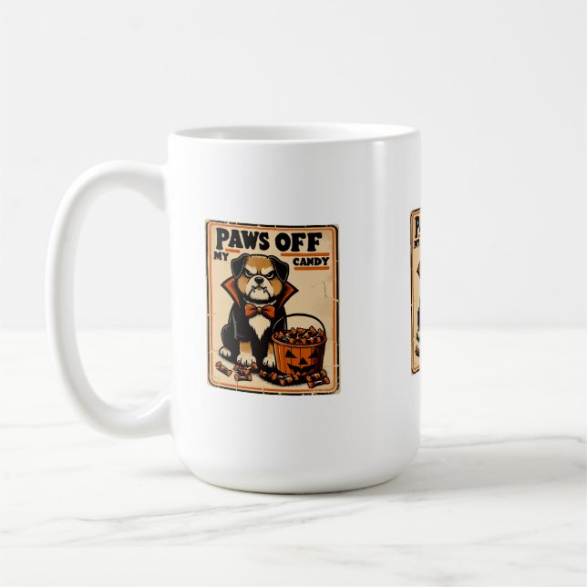 Dog in Vampire Costume Guarding Halloween Candy Coffee Mug (Left)