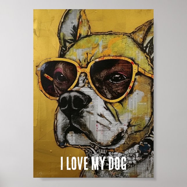 Dog in Yellow Glasses Mixed Media Collage Poster (Front)