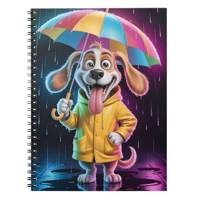 Dog in Yellow Raincoat with Rainbow Umbrella Notebook (Front)