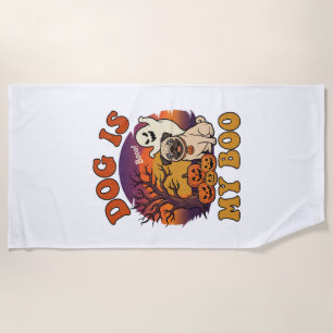 Dog Is Boo Halloween Pug Ghost Pumpkins_1 Beach Towel