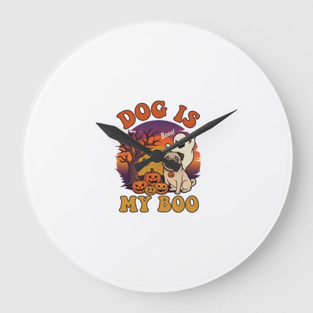 Dog Is Boo Halloween Pug Ghost Pumpkins_1 Large Clock (Front)