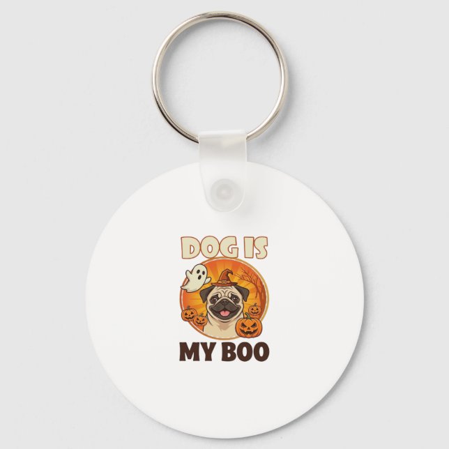 Dog Is Boo Pug Halloween Ghost Pumpkin Key Ring (Front)
