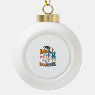 Dog Is Doorbell Barking White Blue_1 Ceramic Ball Christmas Ornament